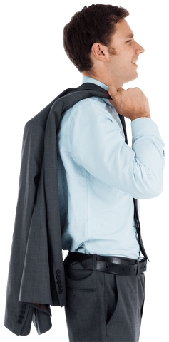 Smiling businessman holding jacket in transparent profile view