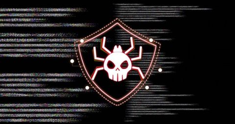 Neon glitch cyber shield with skull spider glyph pulsing on digital noise background ui