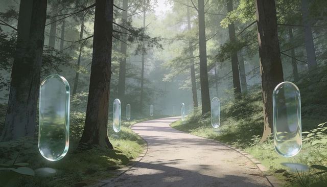 Glassy floating capsules hovering along winding sunlit forest pathway, surreal sci-fi