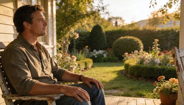 Man sitting on porch chair gazing at sunlit garden during golden hour peaceful contemplative scene