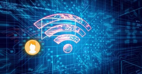 Glowing neon wi-fi symbol on digital circuit background