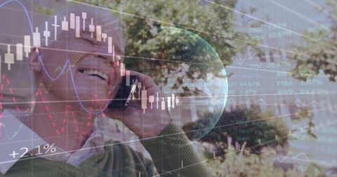 Senior man smiling while talking on phone with global financial market charts overlay