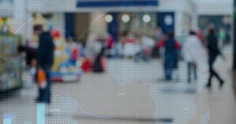 Shoppers Moving Through Mall with Data Overlay Indicates Market Insights