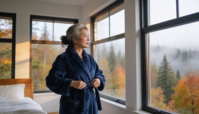 Senior asian woman fastening navy robe while gazing out at misty forest view
