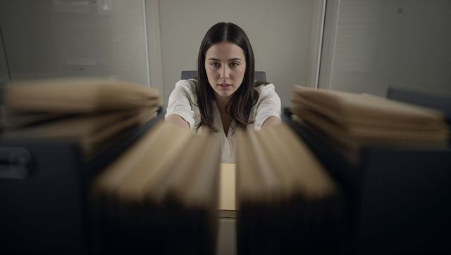 Businesswoman reaching for file in archive drawer surrounded by stacked manila folders