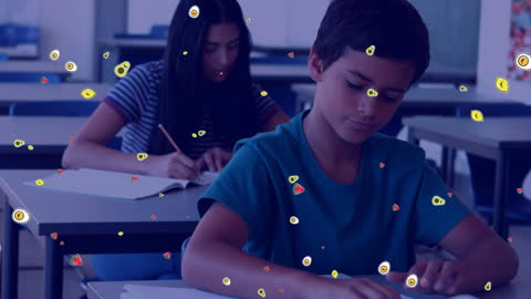 Students in Classroom with Floating Technology Icons