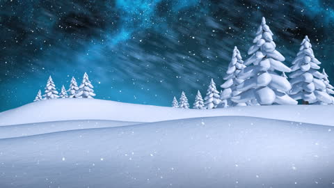 Idyllic Winter Scene with Snow Covered Trees and Starry Night Sky