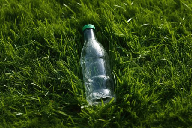 Plastic bottle littered on vibrant green grass representing environmental pollution and waste management. Useful for campaigns promoting environmental sustainability, eco-friendly practices, and clean-up events. Ideal for articles on pollution, recycling, and nature conservation.