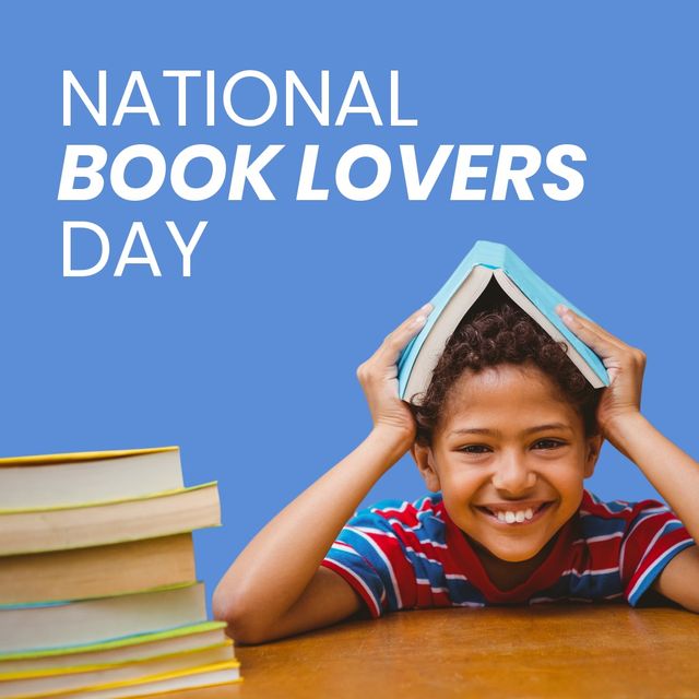 Composite of national book lovers day text and portrait of smiling biracial boy with books on table. childhood, blue, learning, knowledge, bibliophilia, literature and celebration concept.