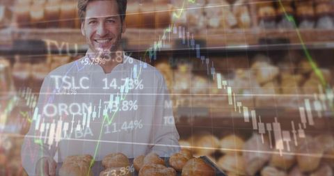 Smiling Baker Presenting Fresh Bread with Stock Market Charts Overlay for Retail Growth