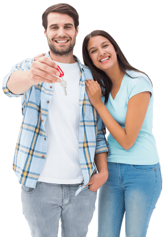 Cheerful couple holding key to new home on transparent background