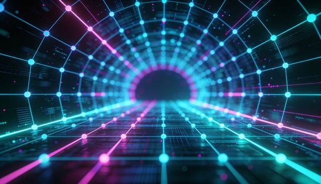 Neon grid tunnel leading to digital portal with glowing nodes and futuristic circuitry