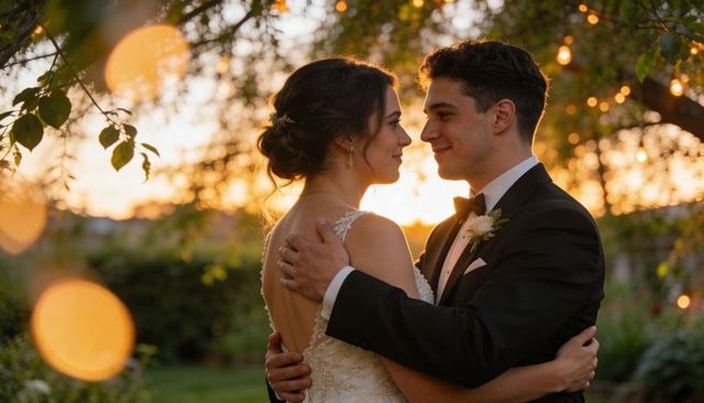 Embracing bride and groom at golden-hour garden wedding with string lights and romantic bokeh