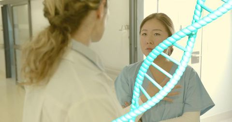 Doctor and Nurse Discussing Genetic Test Results with DNA Helix Overlay