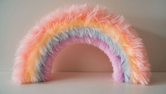 Presenting pastel faux-fur rainbow arch on minimalist tabletop for modern decor