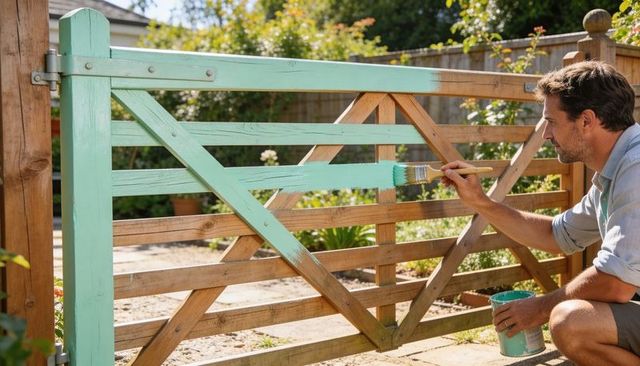 Man painting wooden garden gate turquoise during DIY backyard renovation project