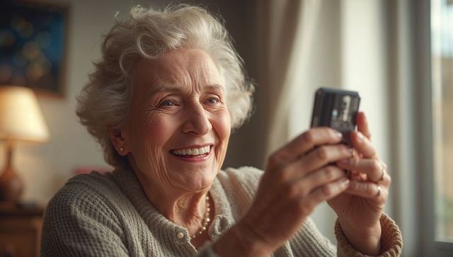 Content Senior Woman Holding Smartphone in Cozy Living Room