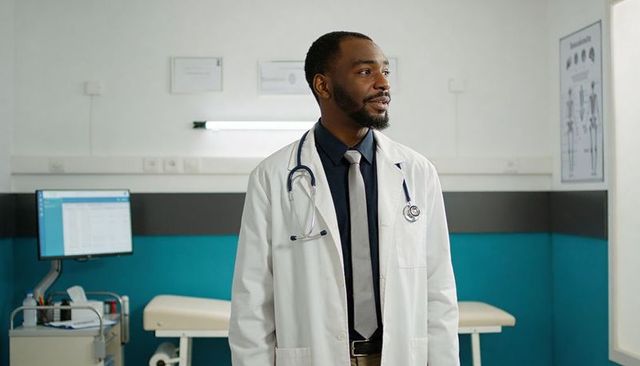 Smiling black doctor standing in clinic exam room with stethoscope and medical monitor