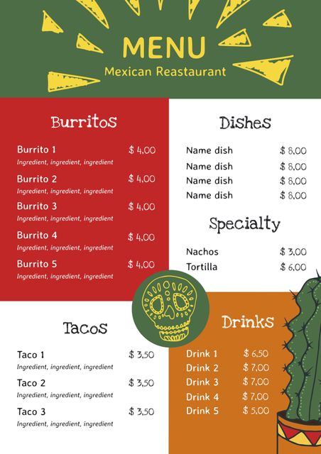 Menu template featuring Day of the Dead skull, cactus, and Mexican flag colors. Ideal for vibrant, festive restaurant branding, menu designs, and marketing materials for Mexican cuisine establishments.