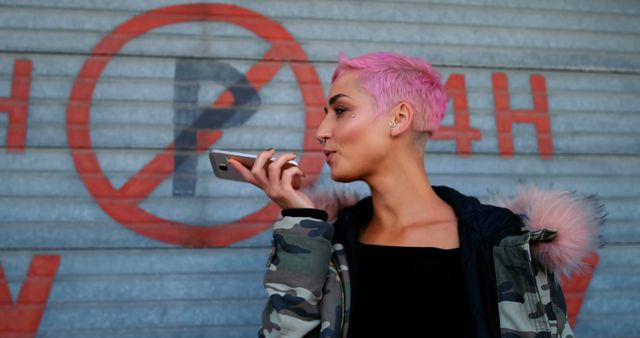 Trendy Young Woman with Pink Hair Communicating on Smartphone - Download Free Stock Images Pikwizard.com