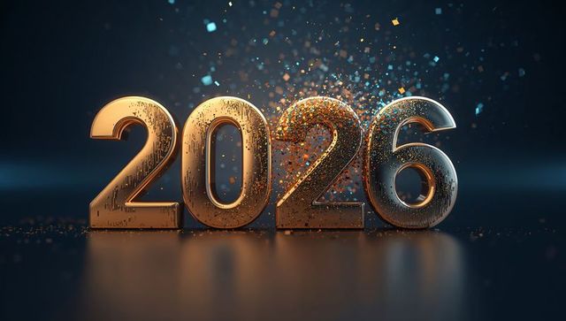 Futuristic 2026 metallic numerals glowing with gold and blue confetti on glossy floor