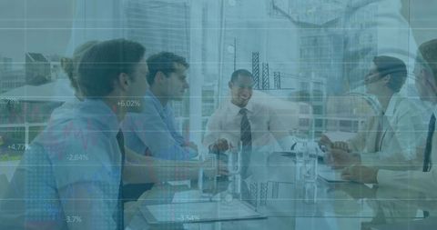 Executive leader presenting financial charts to team in modern glass boardroom with city skyline