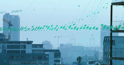 Digital data stream flowing through modern urban cityscape