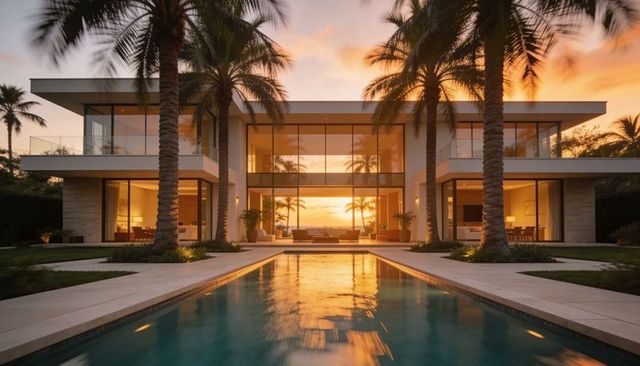Modern waterfront mansion reflecting golden sunset over long pool and palm trees
