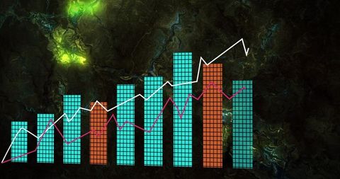 Displaying Neon Mosaic Bar Chart with Rising Arrow and Trend Line on Dark Marble Backdrop