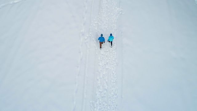 Aerial perspective shows couple walking in a snowy landscape during winter as their dog plays in the snow. Ideal for use in advertisements or articles about winter activities, adventure tourism, or outdoor companionship. This video can also be used in travel brochures, winter sports promotions, and social media campaigns highlighting cold weather adventures.