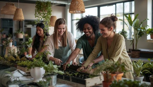 Sunlit urban plant workshop young women planting seedlings and propagating greenery together