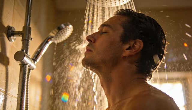 Man enjoying warm shower under rainfall shower head with glowing backlit water droplets