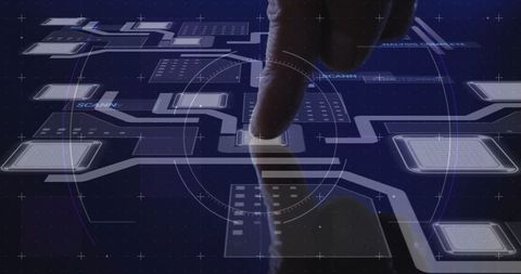 Finger interacting with futuristic data processing interface