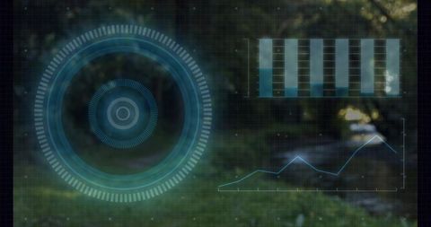 Futuristic HUD overlay hovering over park path displaying concentric radar rings, bar and line chart