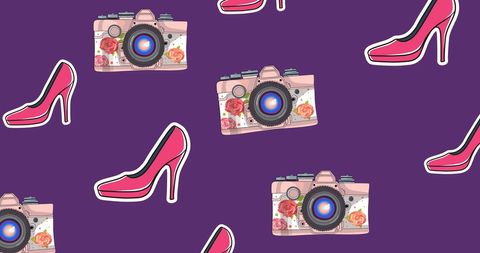 Vintage cameras and pink high heels on purple background