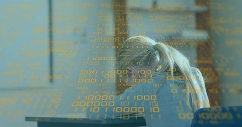 Leaning schoolchild resting head on desk with binary code overlay showing tech distraction