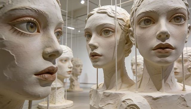 Hanging sculpted female heads creating suspended bust installation in contemporary gallery