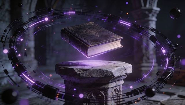 Levitating ancient grimoire above carved stone pedestal surrounded by purple arcane ring