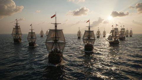 Historic british empire three-masted sailing ships at sea during sunrise