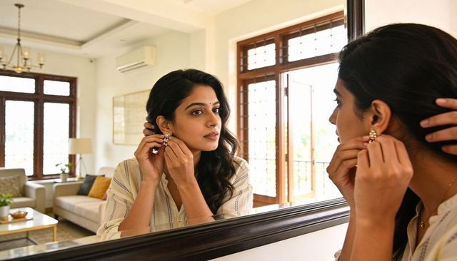 Indian woman adjusting gold pearl earrings in mirror in living room with natural light