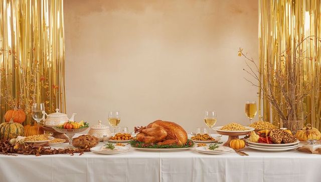 Displaying roasted turkey on festive harvest table with pumpkins, gold decor, autumn banquet