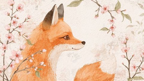 Elegant red fox in watercolor blossom garden illustration