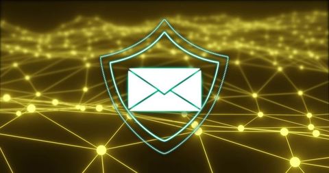 Protecting email envelope in neon shield over glowing network grid cybersecurity protection