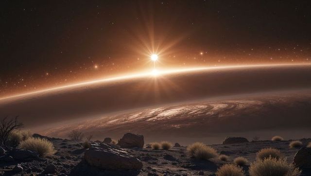 Majestic alien sunset over ringed desert planet