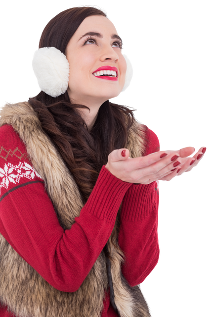 Happy Brunette Wearing Winter Clothes with Hands Outstretched on Transparent Background - Download Free Stock Videos Pikwizard.com