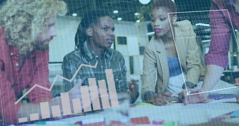 Multiracial team analyzing data with graphs and code overlay