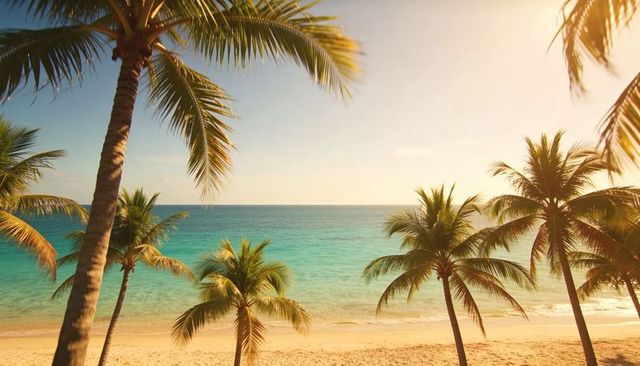 Sunlit tropical beach framed by leaning palm trees over turquoise ocean horizon