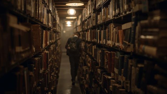 Walking student exploring dim university library stacks under warm pendant lights