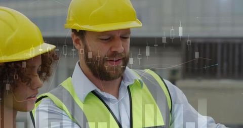 Architects Discussing Plans at Construction Site with Data Overlay - Download Free Stock Images Pikwizard.com