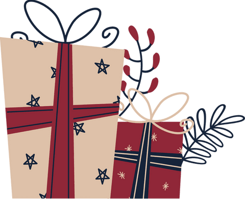 Transparent decorative gift boxes with leaves in festive flat design